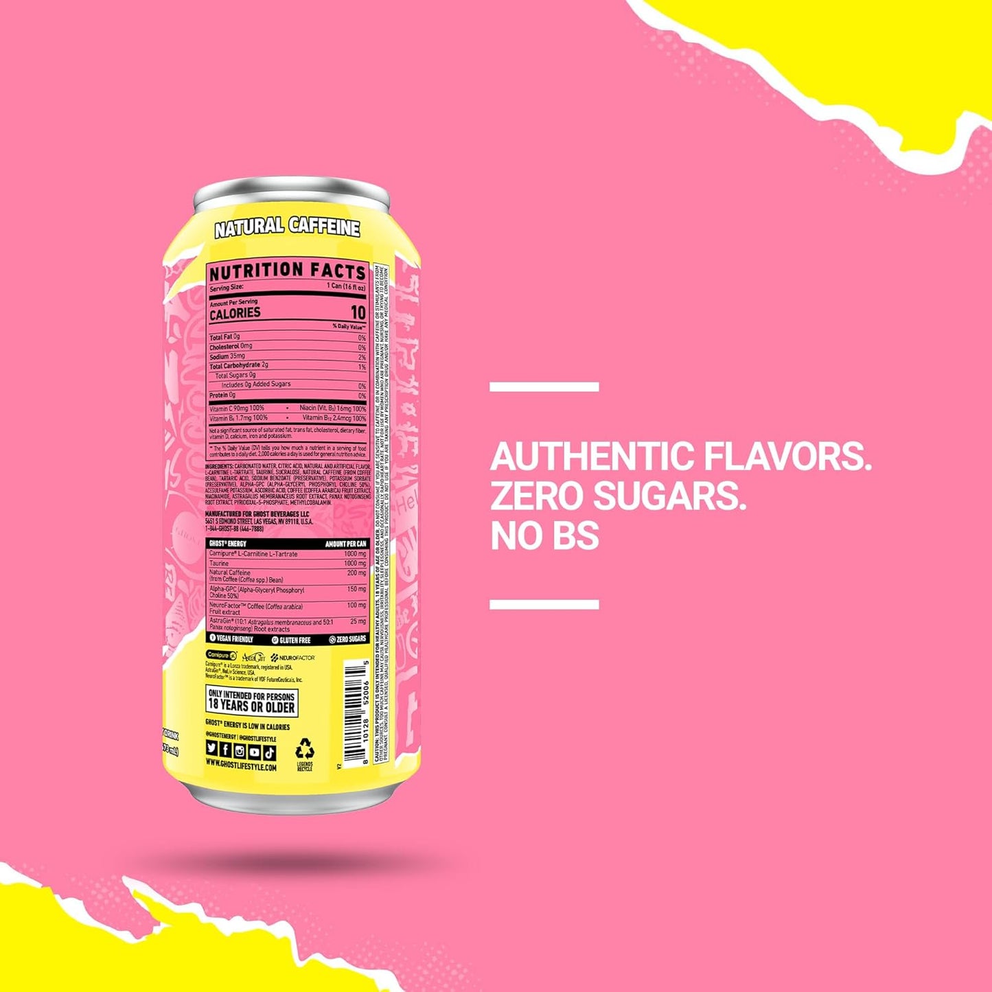 GHOST Energy Drink - 12-Pack, Sour Pink Lemonade, 16oz Cans - Energy & Focus & No Artificial Colors - 200mg of Natural Caffeine, L-Carnitine & Taurine - Gluten-Free & Vegan