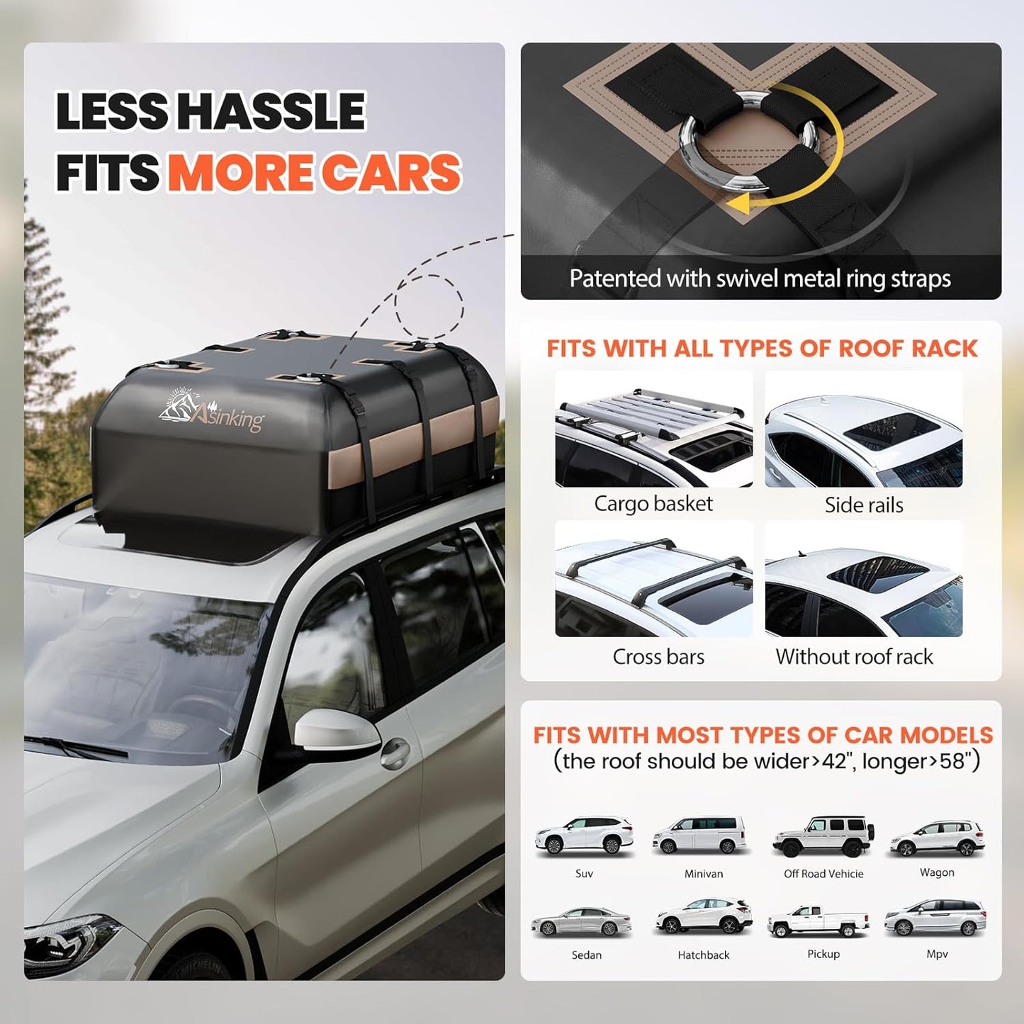 Asinking Car Rooftop Cargo Carrier Bag, 22 Cubic Feet Waterproof Roof Cargo Bag, 500Lbs Break Strength, Fit Vehicles with/Without Roof Rack, Includes Anti-Slip Mat, 6 Door Hooks, Luggage Lock
