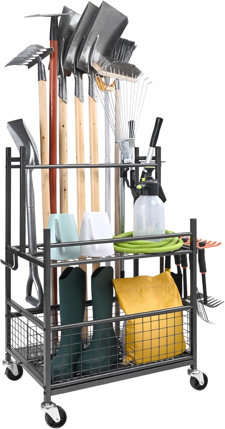 VEVOR Garden Tool Organizer, 16 Slots with Hooks, Yard Tool Tower Rack with Wheels for Garage Organization and Storage, Hold Long-Handled Tool/Rake/Broom, Metal Tool Stand Holder for Shed, Outdoor