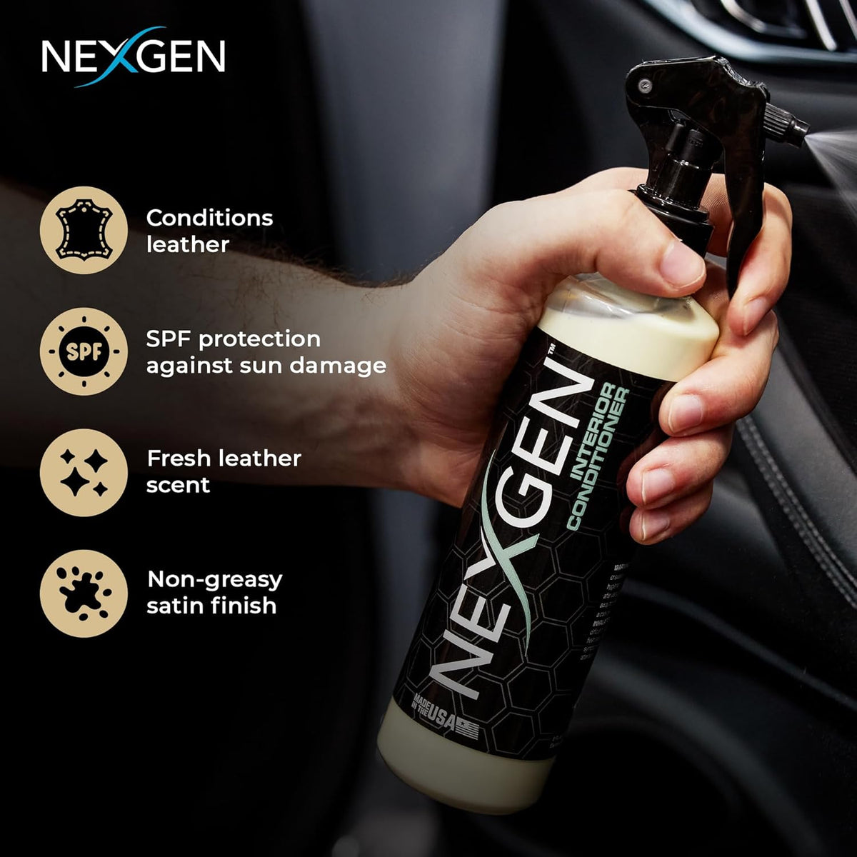Nexgen Interior Conditioner (8oz) - Non-Greasy, UV-Blocking Formula - Fresh Leather Scent - On-The-Go Car Detailing - Car Cleaning Supplies - for Car Seats, Dashboards, Door Panels, & More