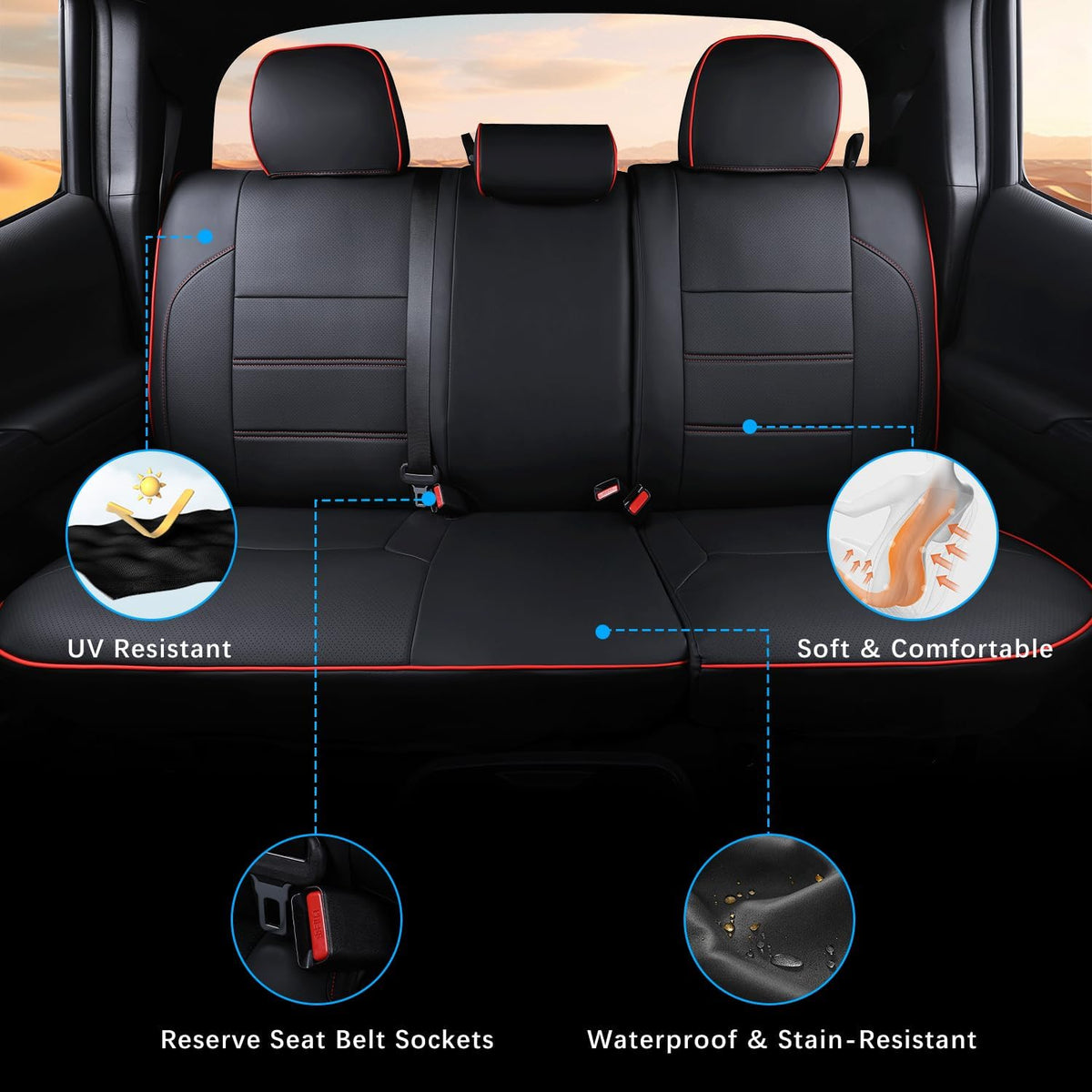 Car Seat Covers Full Set for Toyota Tacoma Double & Crew Cab 2023 2022 2021 2020 2019 2018 2017 2016 Tacoma Interior Accessories Premium Faux Leather Breathable Waterproof (Black+Red Line)
