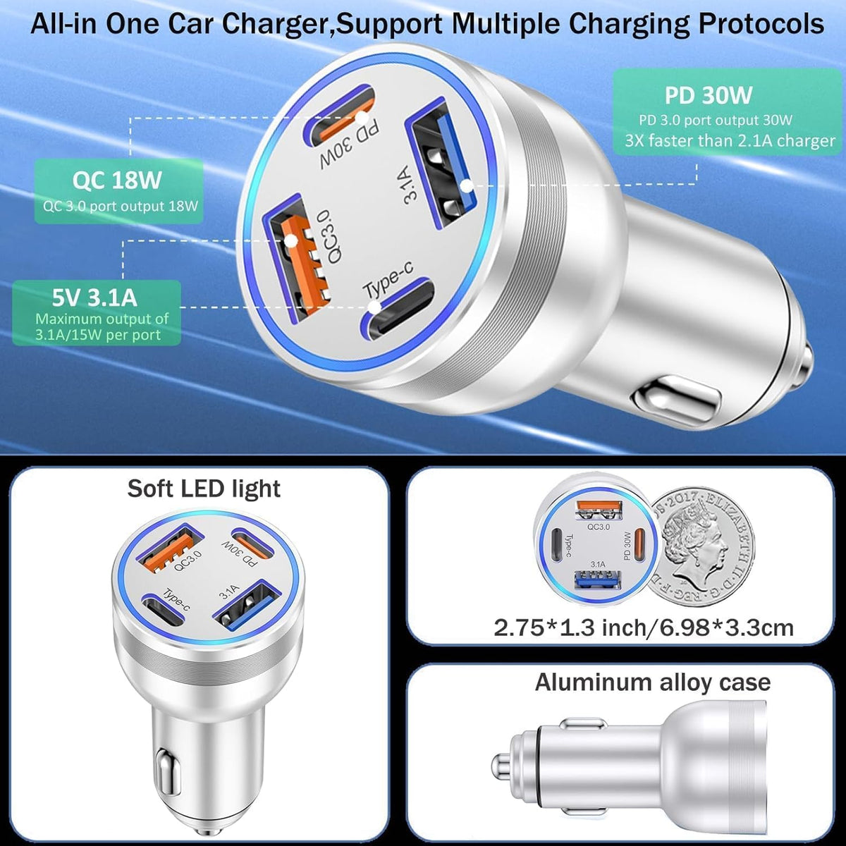 65W Car Phone Charger USB C, 5 Pack 4-Port Cigarette Lighter Adapter, 12V USB C Fast Car Charger Type C Car Adapter, Car Accessories for iPhone 16E 16 15 14 13 12 Pro Max,Galaxy,Pixel,iPad,Android