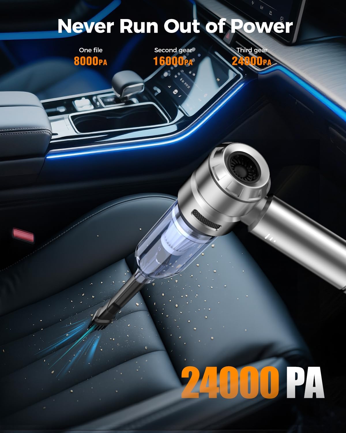 Car Vacuum,3 Suction Modes,Portable Mini Cordless Cleaner with 24000pa Suction Power,Type-C Charge,Handheld Vacuum for Home,Car, Office Desk, Keyboards(Bright Silver)