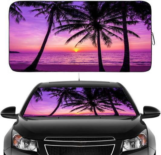 Gven Car Windshield Sun Shade Foldable Cute Sun Windshield Shade for UV Protecion Heat Reduction Funny Cooling for Summer Pink Car Accessories Cool Seats, Easy Fold (Sunset Purple, L)