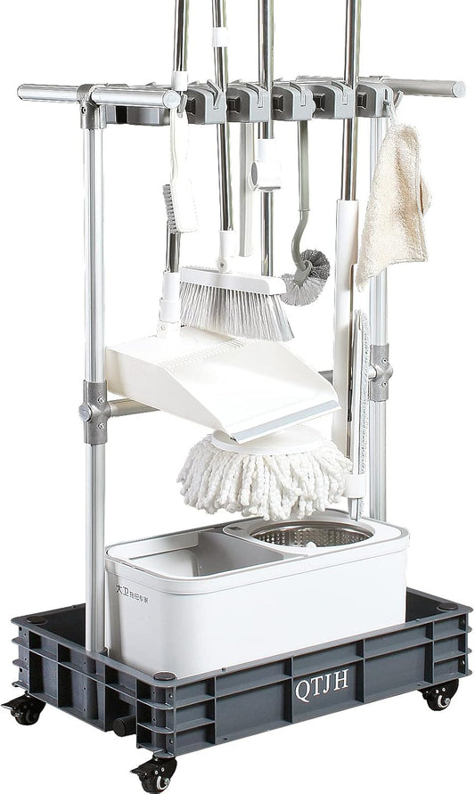 Broom mop holder cleaning supplies organizer janitorial carts on wheels housekeeping station storage tools for garage, garden, closet, cabinet.