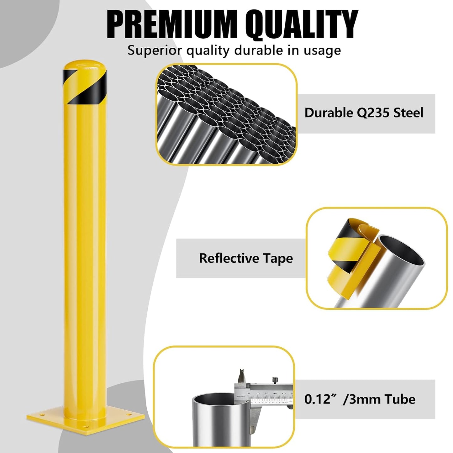 Safety Bollards, Steel Bollard Post, Yellow Powder Coated Safety Parking Barrier Post for High Traffic Areas (48inch 2Pack)