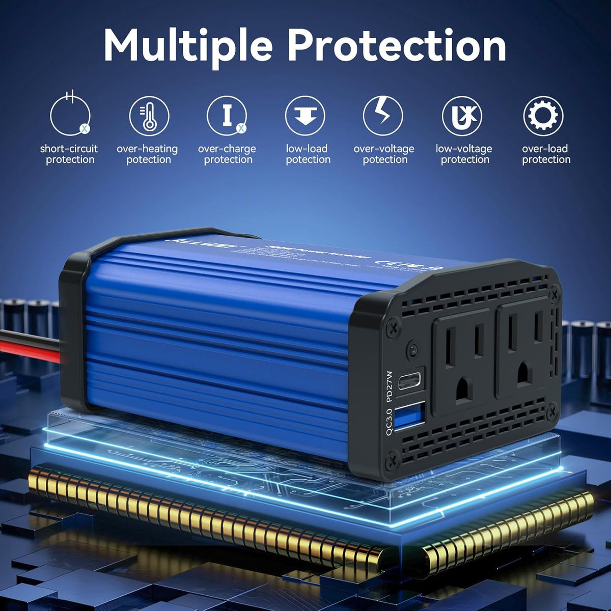 300W Car Power Inverter 12v to 110v, Car Plug in Adapter Outlet with PD 27w USB-C and Fast Charger 18w USB-A, Car Outlet Adapter, Car Converter to Outlet Plug, Power Inverters for Vehicles (Blue)
