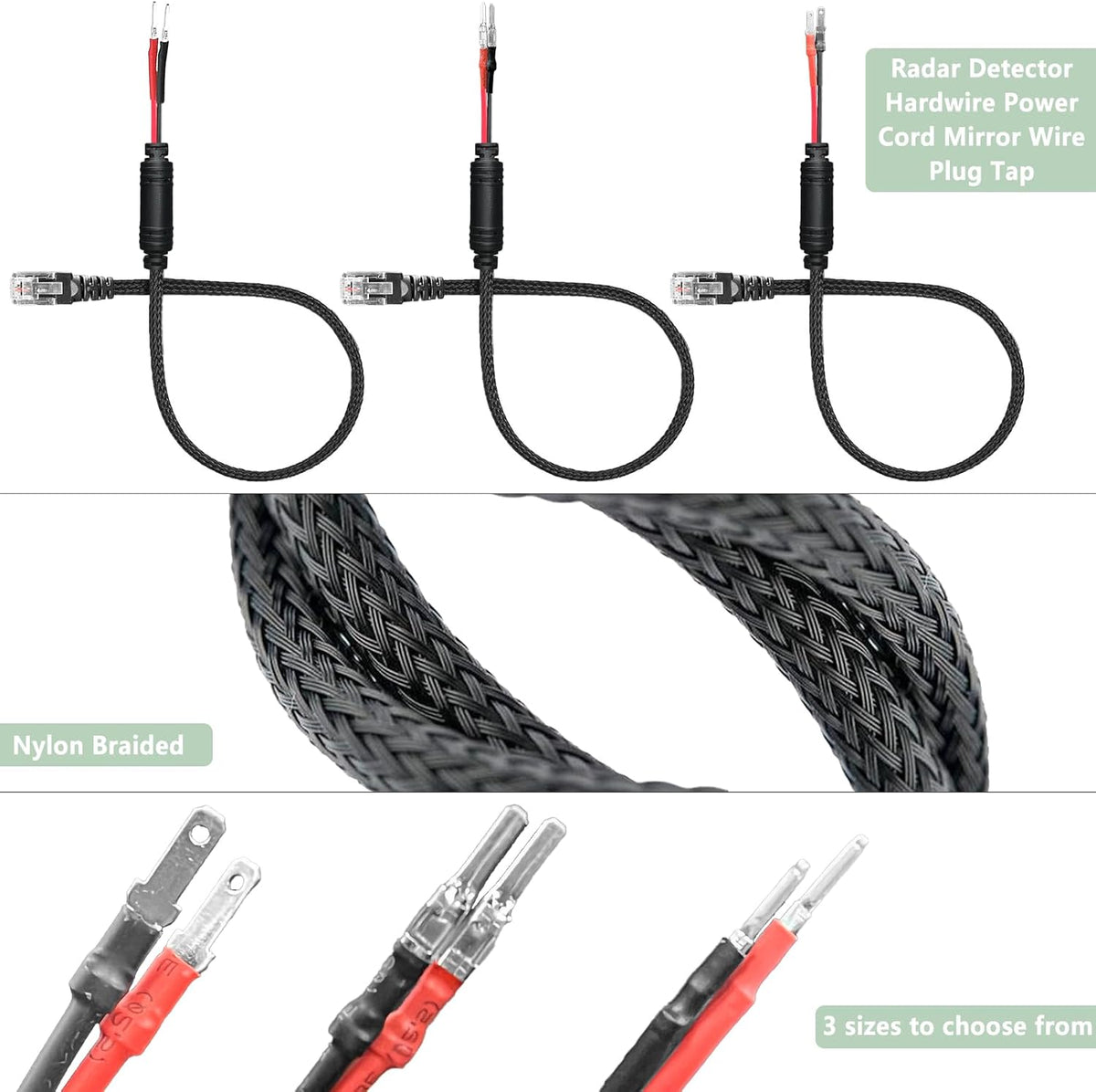 Radar Detector Rearview Mirror Mounting Bracket,13.8" Radar Detector Hard Wire Power Cord Mirror Wire Plug,with Braided Set of 3 (for Radar with EZ Magnetic Connection)