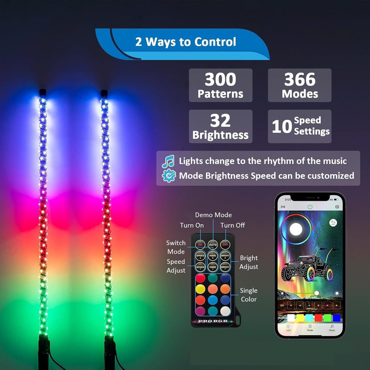 Wsays 2pcs 4ft RGB Led Whip Light with Spring Base Chasing Light with Flags and Controller Lighted Whips Fit for UTV, ATV, SUV, Car, Golf Cart, Truck, and Boat