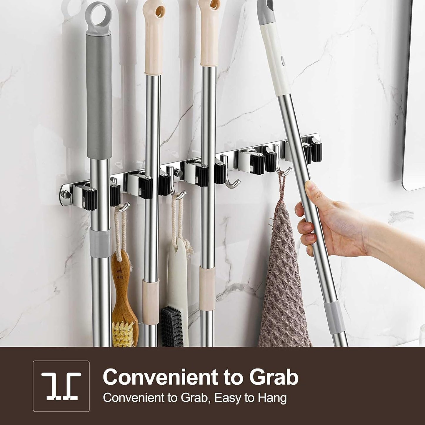 Broom Holder Wall Mount, Stainless Steel Broom Hanger Wall Mount, Heavy Duty Mop and Broom Holder Tool Racks Utility Hooks for Laundry Room Garden Garage, Black (4 Racks and 5 Hooks)