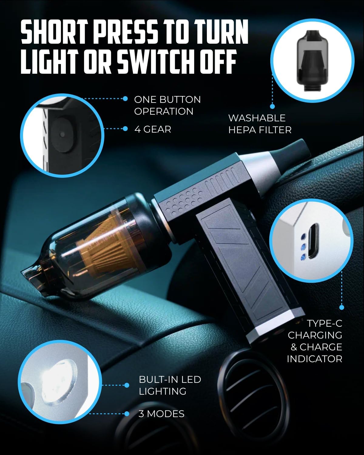 Portable Car Vacuum Cleaner “CrossClean 2-in-1 Vacuum & Air Blower | 120W High-Power | 8 Attachments | 12V Rated Voltage | Cordless, Lightweight & Rechargeable via Type-C Cable