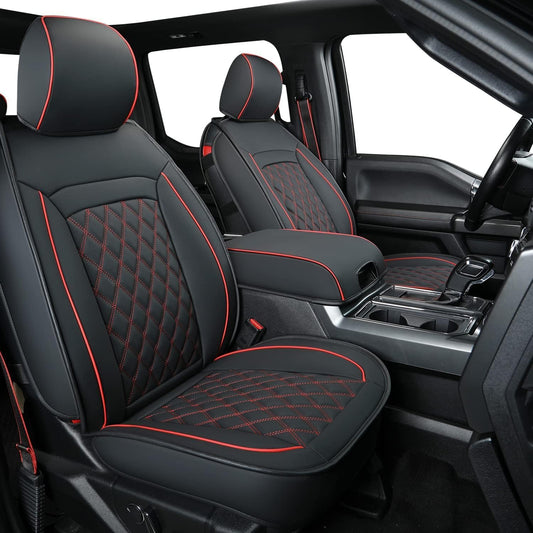 LUCKYMAN CLUB F150 Faux Leather Seat Covers Fit for 2015-2025 F150 and 2017-2025 F250 F350 F450 Pickup Trucks(Full Set, Black&Red)