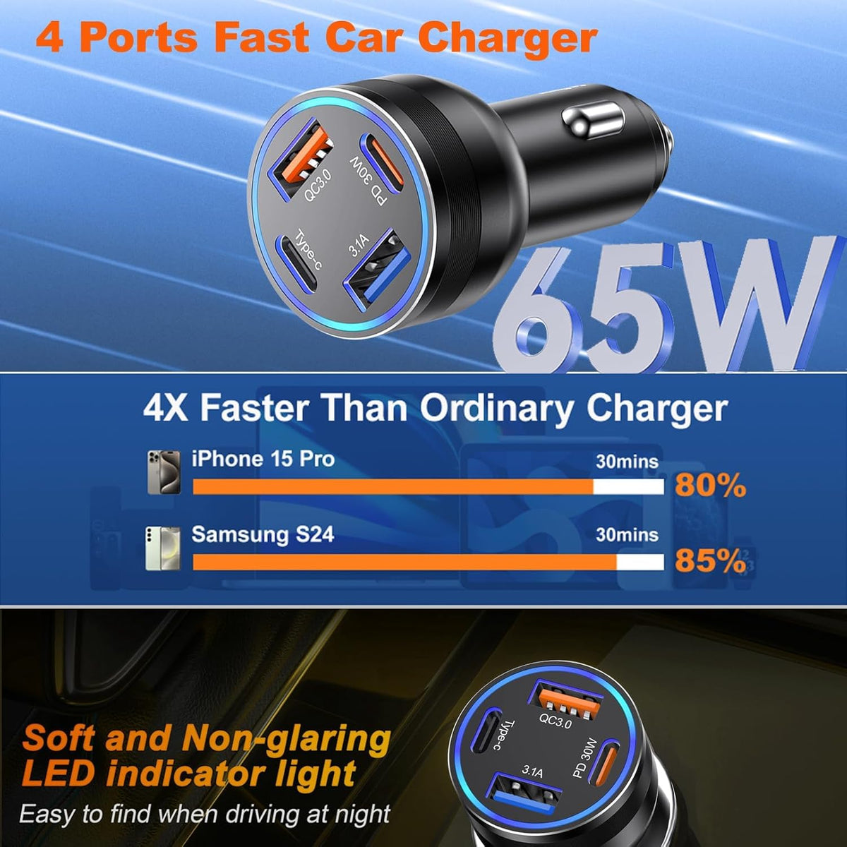 Car Charger USB C, 2Pack 4-Port 65W Cigarette Lighter USB Charger Fast Charging,Dual USB-C & USB-A Car Phone Charger Adapter Accessories for iPhone 16e 16 15 14 13 Pro Max,iPad,Samsung,Tablet,Android