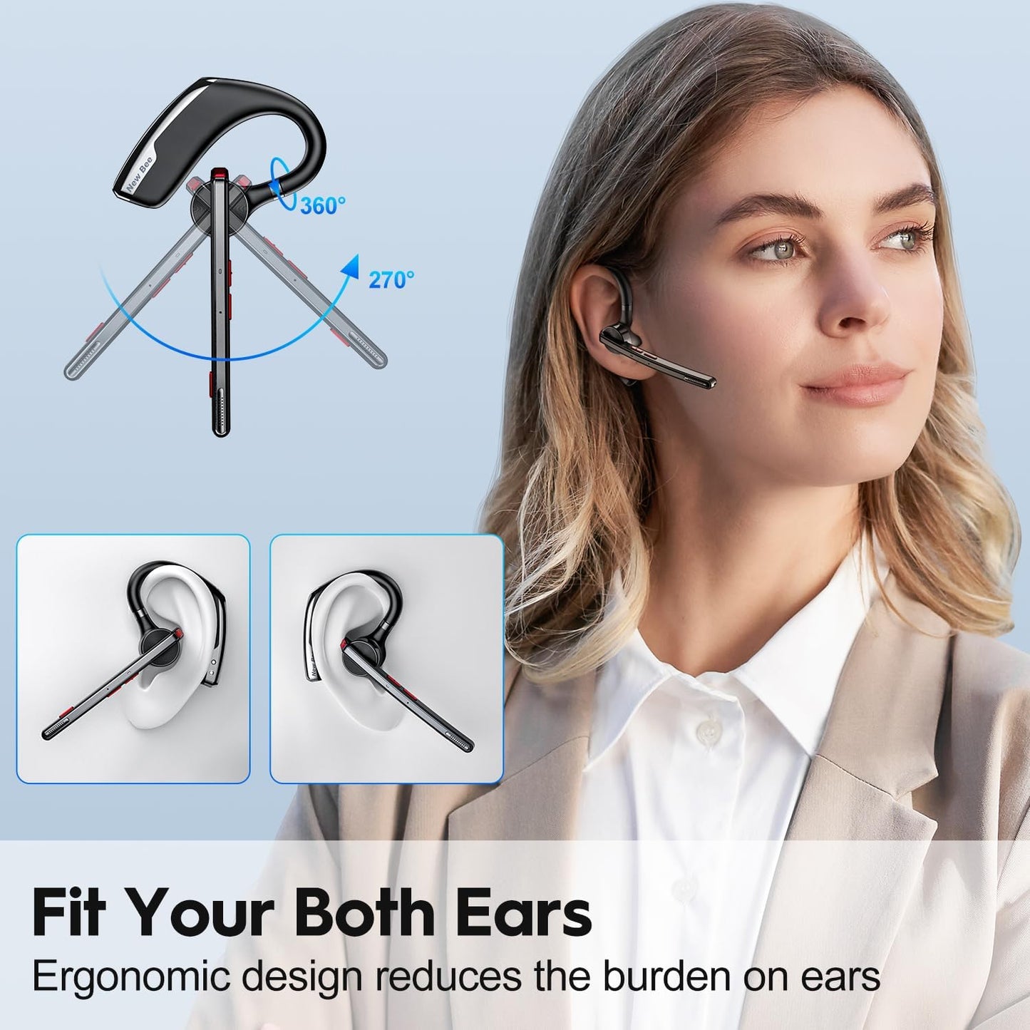 New bee Bluetooth Headset, Wireless Bluetooth Earpiece for Cellphone with 500mah Charging Case 80h Playtime V5.2 Dual Mic Noise Cancelling Hands-Free Earphones for Office Driver