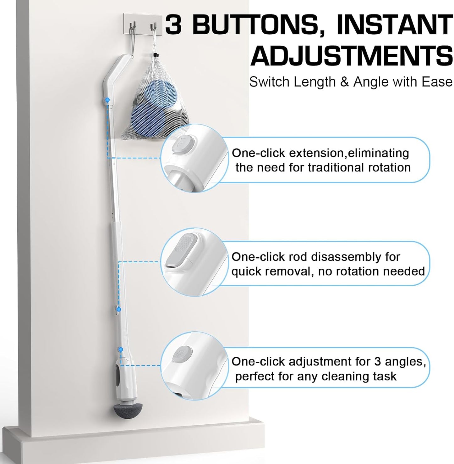 Shower Scrubber, Electric Spin Scrubber with 2025 New Upgraded Motor, User-Friendly Design, 3 Adjustable Angles & Speeds, 8 Brush Heads for Cleaning Bathroom, Cleaning Supplies for Tire, Windshield