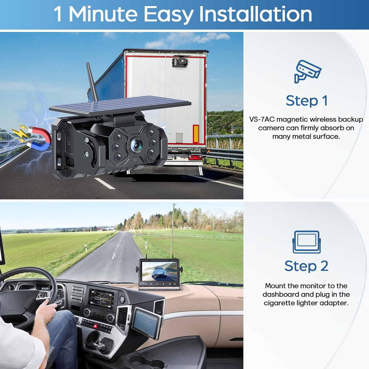 Magnetic Solar Wireless Backup Camera No Installation VASTEND 1080P 7'' RV Backup Camera with 10000mAh Rechargeable Battery for Box Truck Trailer Camper Car Caravan Rearview Reversing Camera (VS-7A)