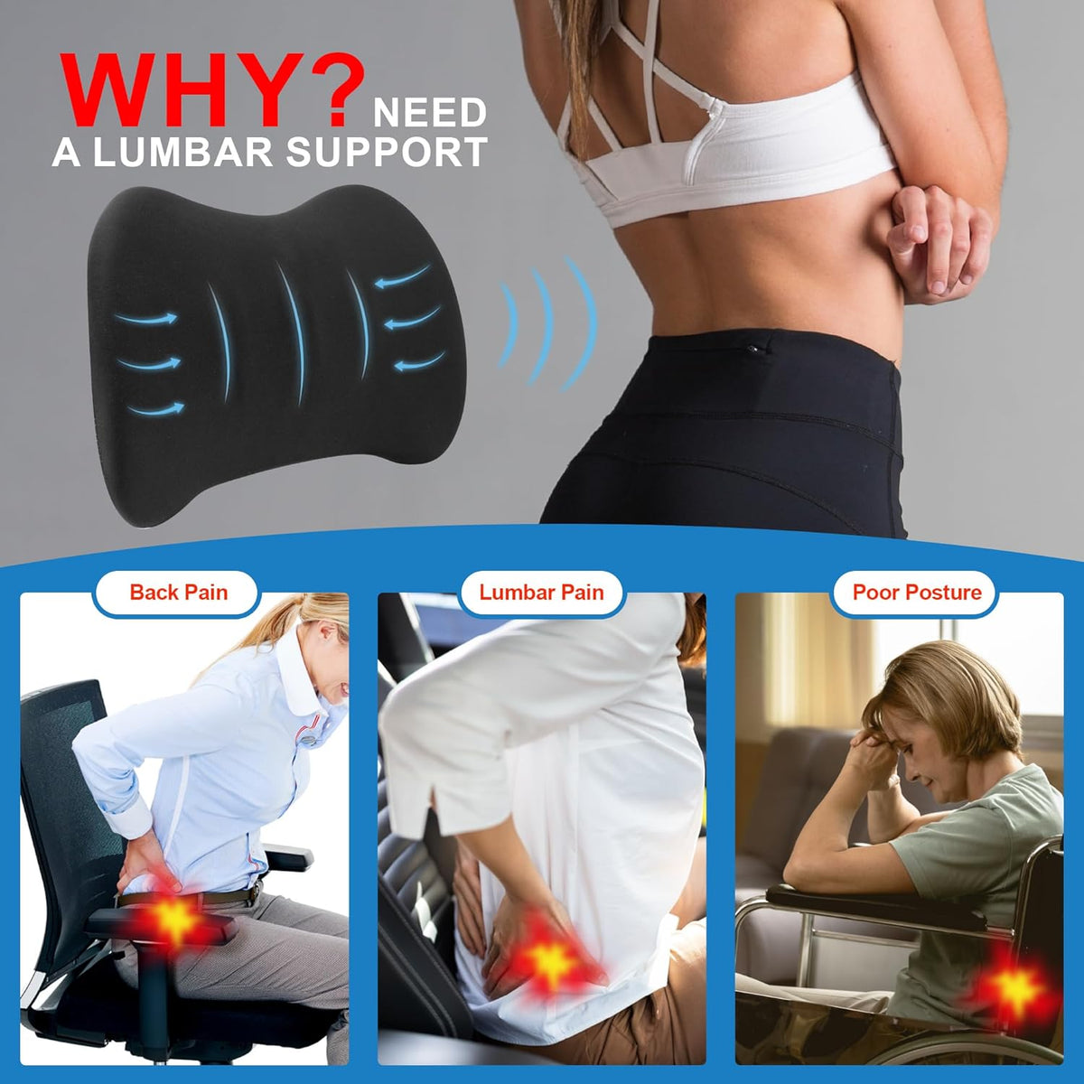 Memory Foam Lumbar Support Pillow Relieves Lower Back Pain for Driving, Chair Support for Car-Office Chair, Wheelchair -Matte Black