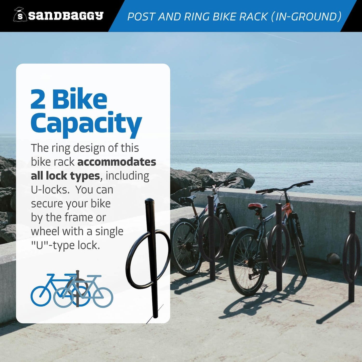 Sandbaggy Post and Ring Rack - In Ground - Commercial Outdoor Bike Parking & Storage Racks (Black, 10)