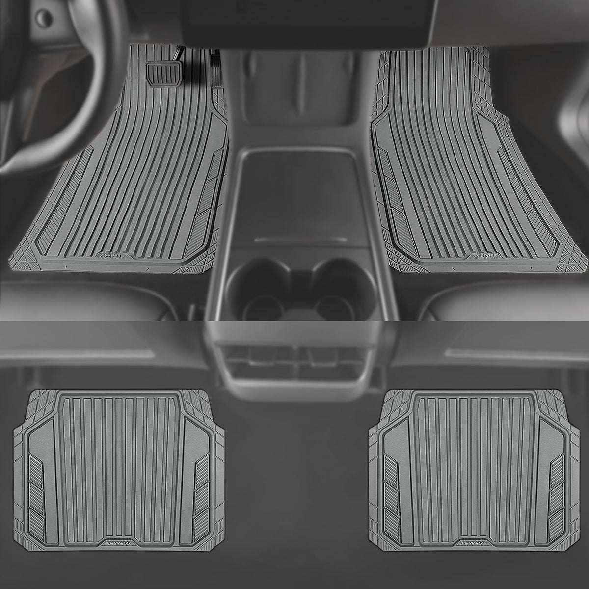 CAR PASS Heavy Duty Sporty Rubber Car Mats, Deep Dish All Weather Car Floor Mats Full Set, Waterproof Anti-Slip Automotive Matts Rugs Trim to Fit for Most Sedans SUVs Vans, 4-Piece All Gray
