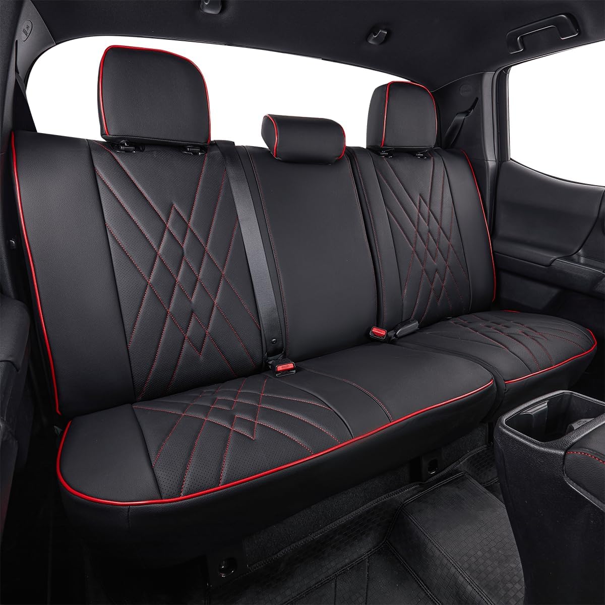 EKR Custom Fit Tacoma Rear Car Seat Covers for Select Toyota Tacoma 2016 2017 2018 2019 2020 2021 2022 2023 Access Cab - Second Row Only,Leather (Black with Red Trim)