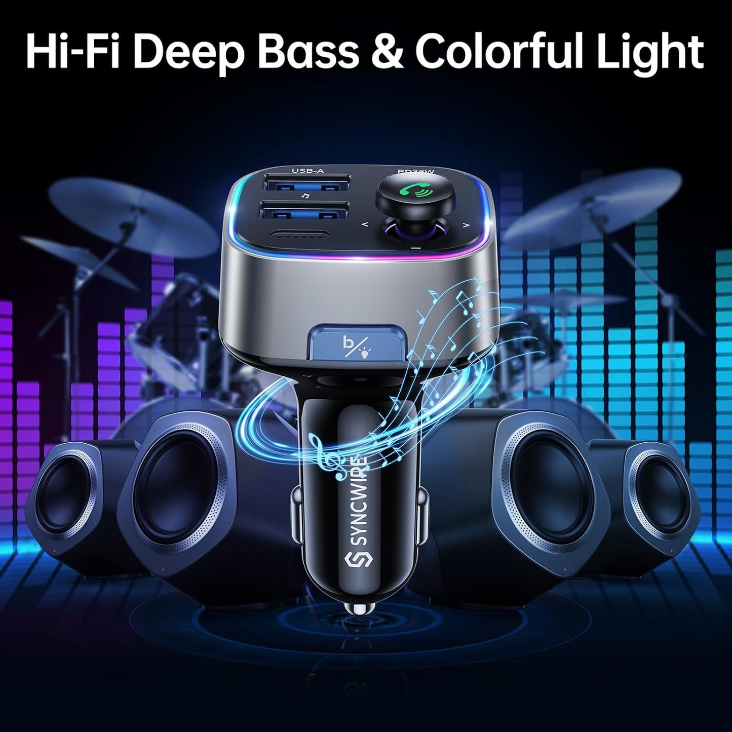 Syncwire Bluetooth 5.3 FM Transmitter Car Adapter 48W (PD 36W & 12W) [Light Switch] [Hi-Fi Deep Bass] [Fast Charge] Wireless Radio Music Adapter LED Display Hands-Free Calling Support USB Drive