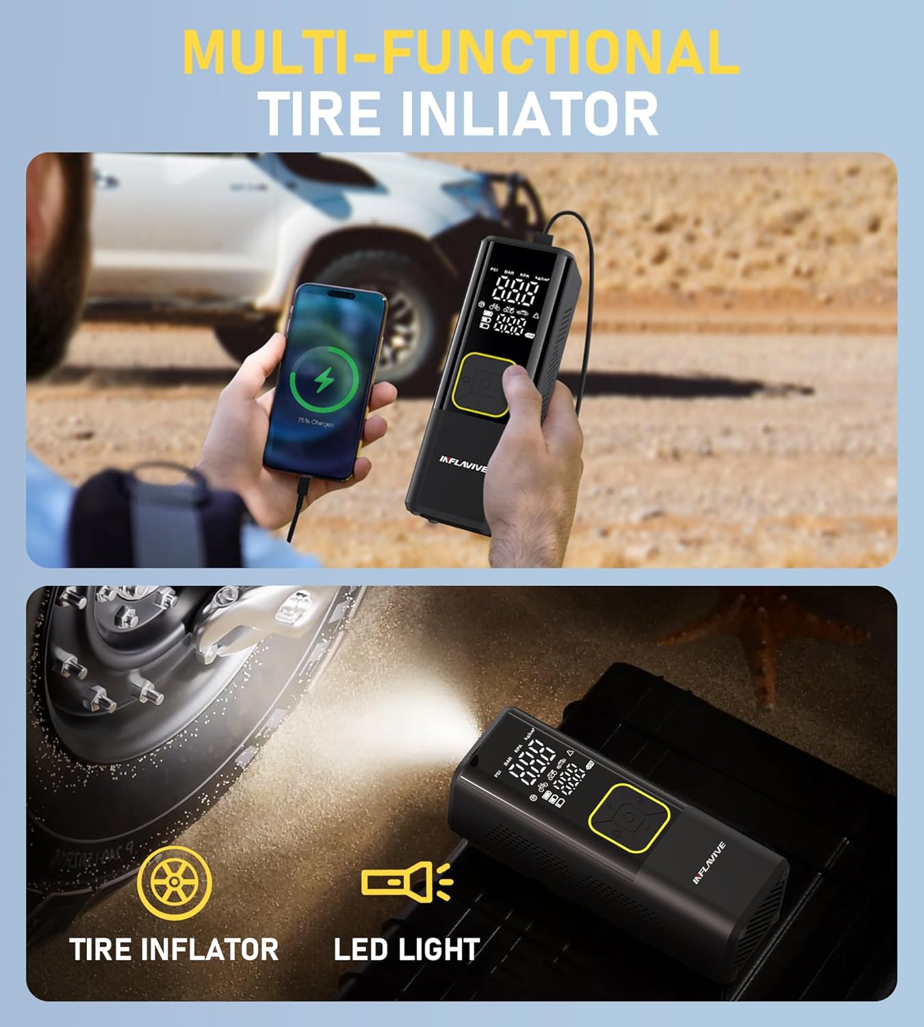 Tire Inflator Portable Air Compressor, InflaVive 3X Fast Inflate Cordless Air Pump for Car Tires with LED Light, 150PSI Portable Electric Pump with Digital Pressure Gauge, for Bike Motorcycle Car Ball