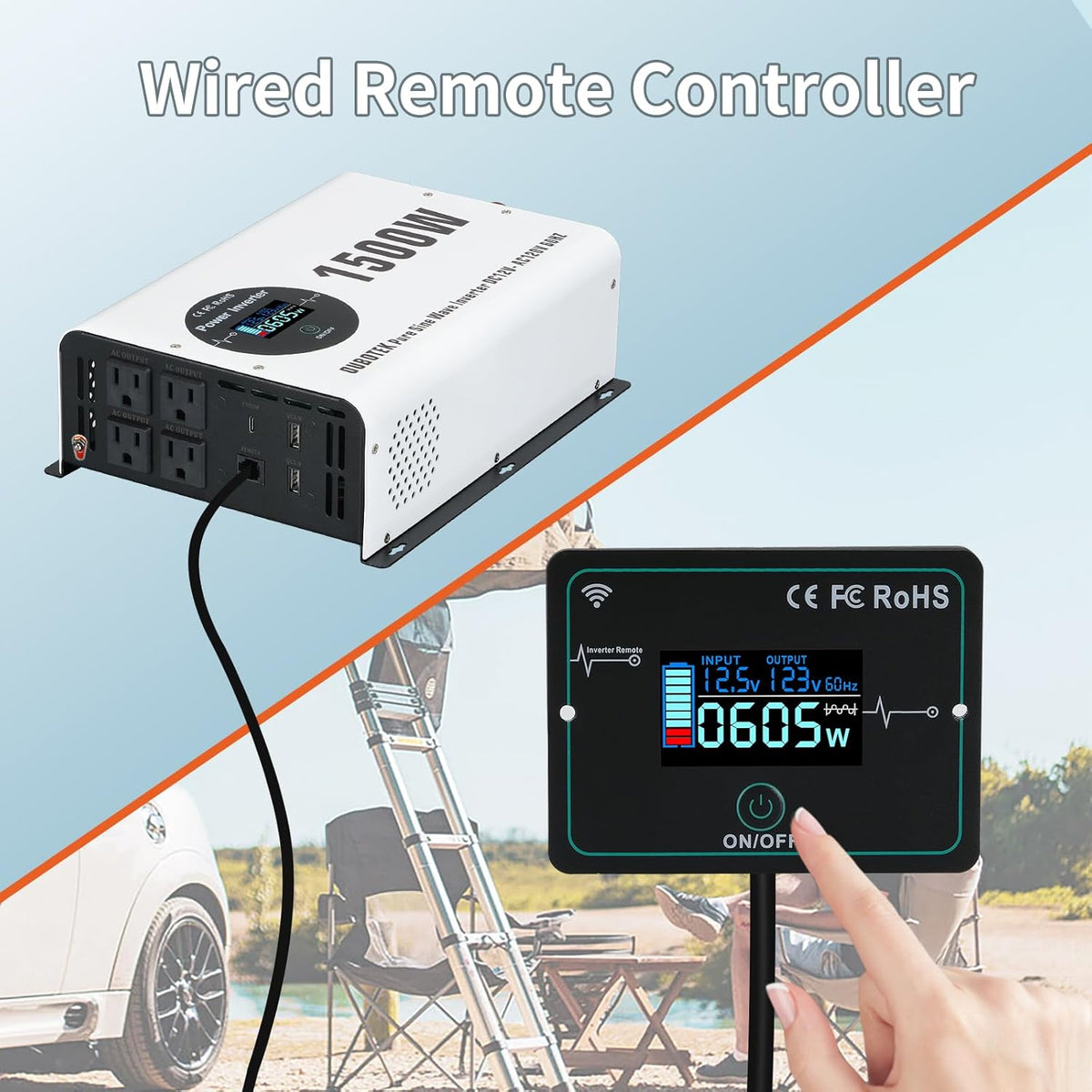 1500W Pure Sine Wave Power Inverter with Peak 3000W,12V to 120V AC Converter, Wireless Remote, 4 AC Outlets, 2 USB Ports and Type-C for RV, Solar Off-Grid