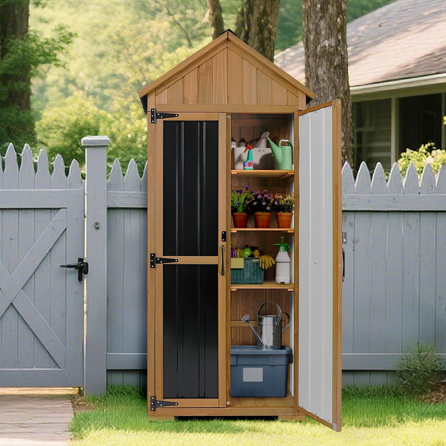 Outdoor Storage Cabinet Waterproof, Outdoor Storage Shed with Shelves, Wood & Metal Patio Backyard Garden Storage Cabinet Tool Organizer for Outside