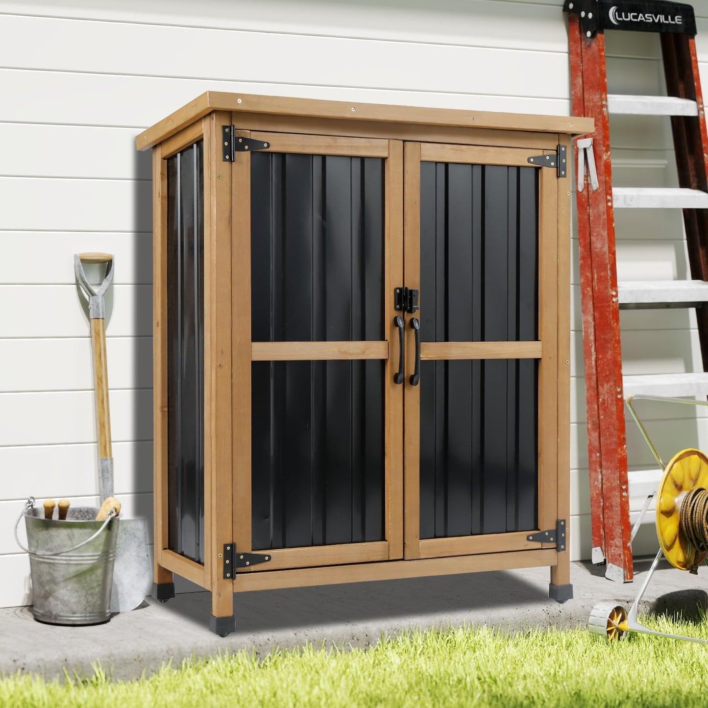 Outdoor Storage Cabinet Waterproof with Shelves, Storage Box with Lockable Doors, Wood & Metal Patio Yard Pool Garden Storage Cabinet Organizer, Gifts for Women Men