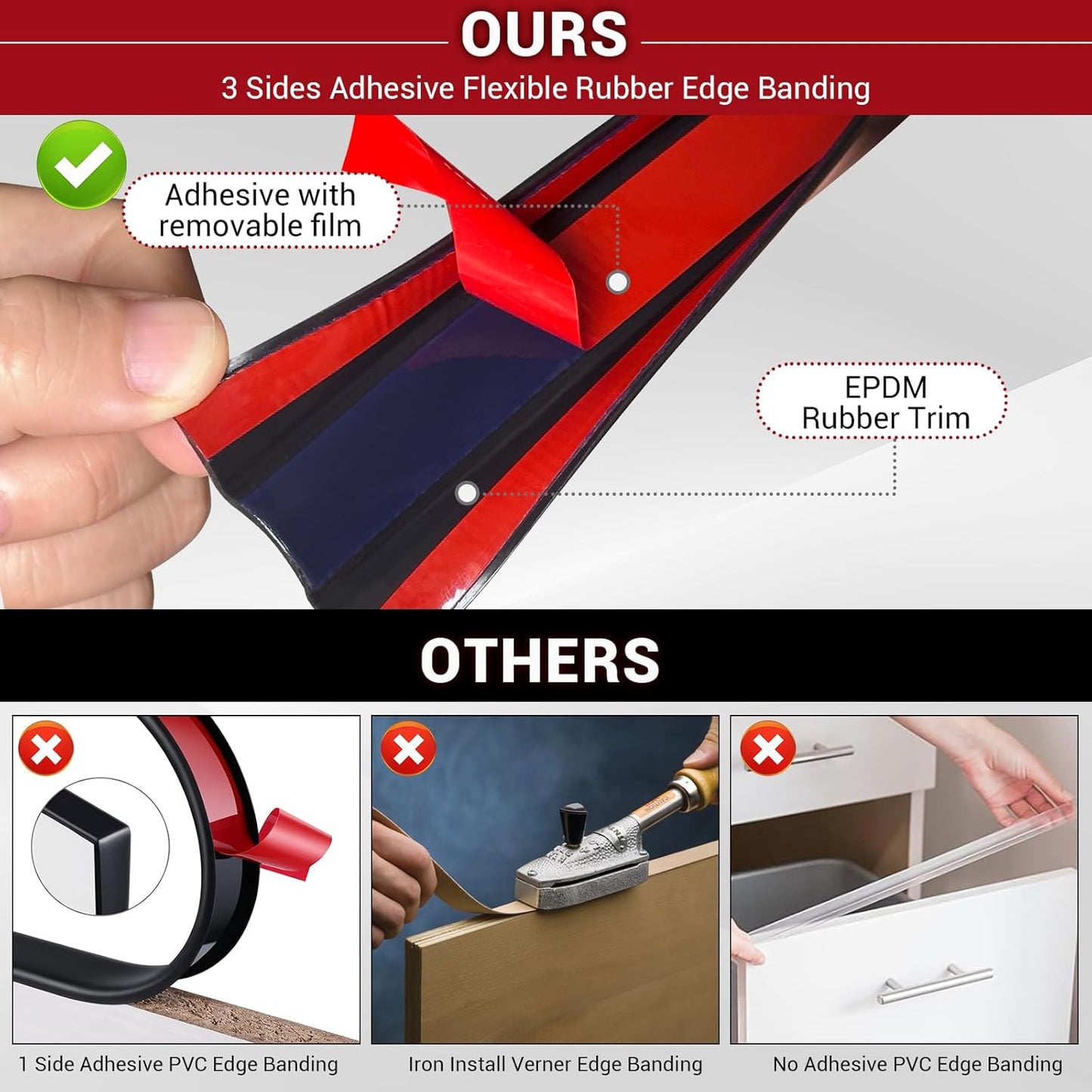 Rubber Edge Trim, Flexible Self-Adhesive U Shaped Peel and Stick Edge Banding, 1-3/8"(35mm) U Channel Edge Protector for Door Sides, Edge Guards for Woods, Furniture, 20Ft, Black Color