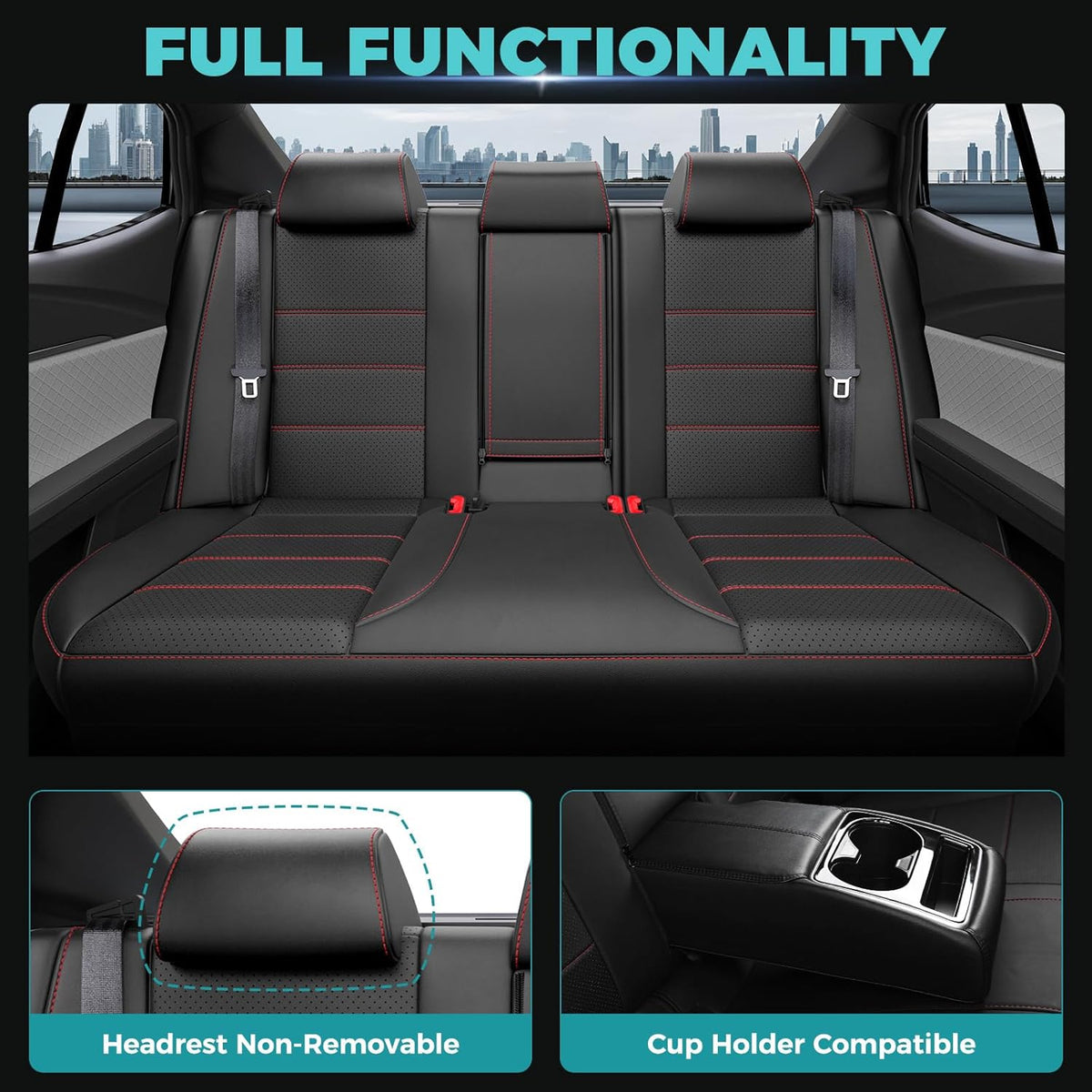 Leather Seat Covers for Toyota Camry 2025 LE SE Hybrid - Custom Fit Car Seat Cover Full Set, Luxury Waterproof Interior Accessories, Breathable Automotive Cushion Protectors, Black Red Trim