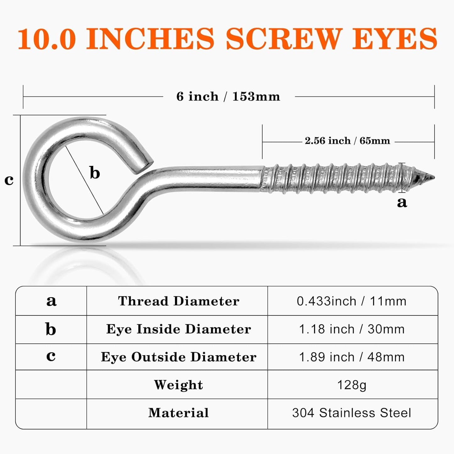 8Pcs Self Tapping Eyelet Screw Eye Bolt，6 Inch Heavy Duty Screw Eyes Hooks ，M10 Wooden Large Screw Eye Hook，Load Capacity 800 Lbs for Hammock ，Yoga，Heavy Indoor Outdoor Uses (8, M10-6 INCH)