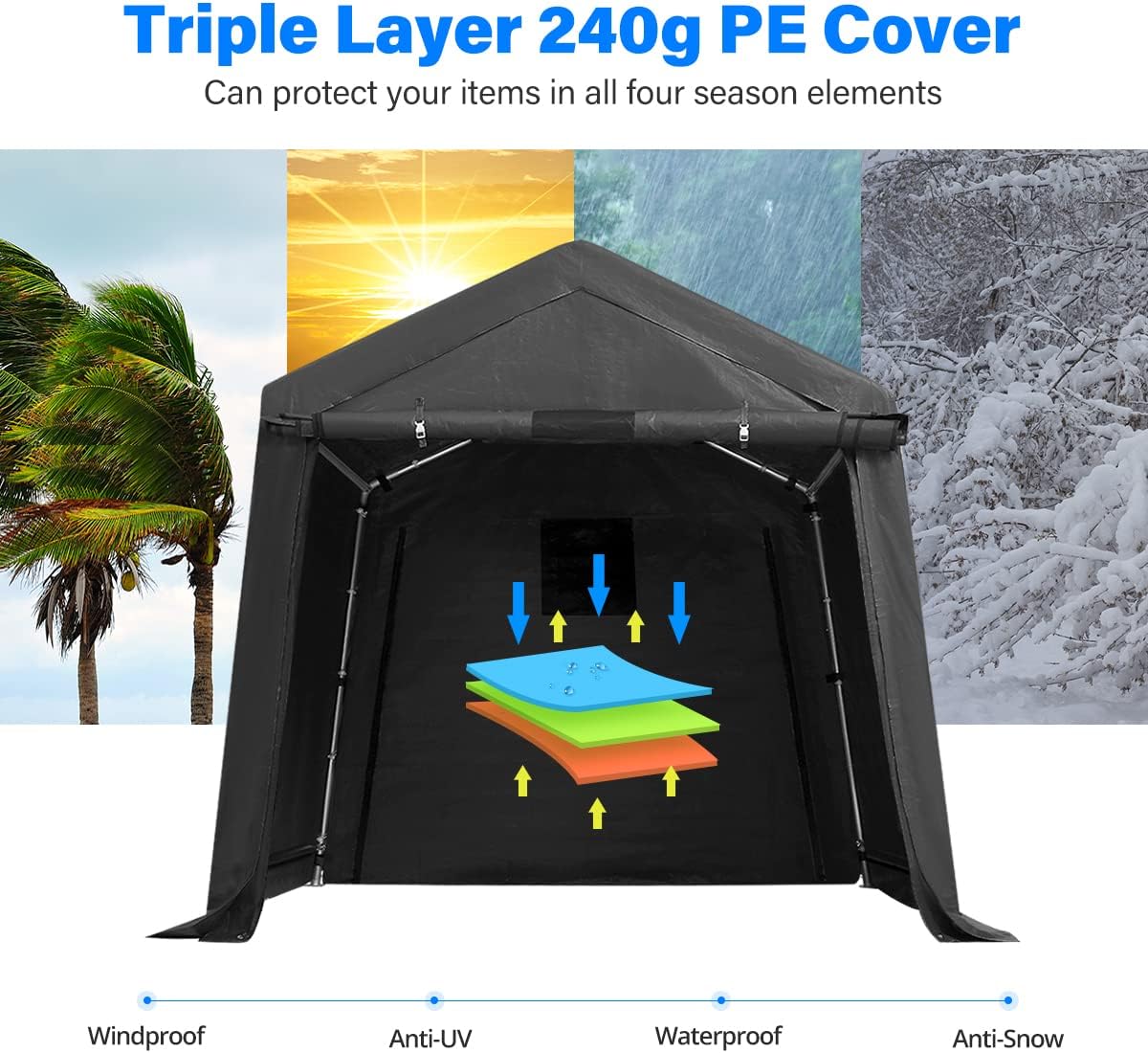 ADVANCE OUTDOOR 6x6 ft Storage Shelter Outdoor Portable Shed with 2 Roll up Zipper Doors & Vents Carport for Motorcycle Waterproof and UV Resistant Portable Garage Kit Tent, Gray