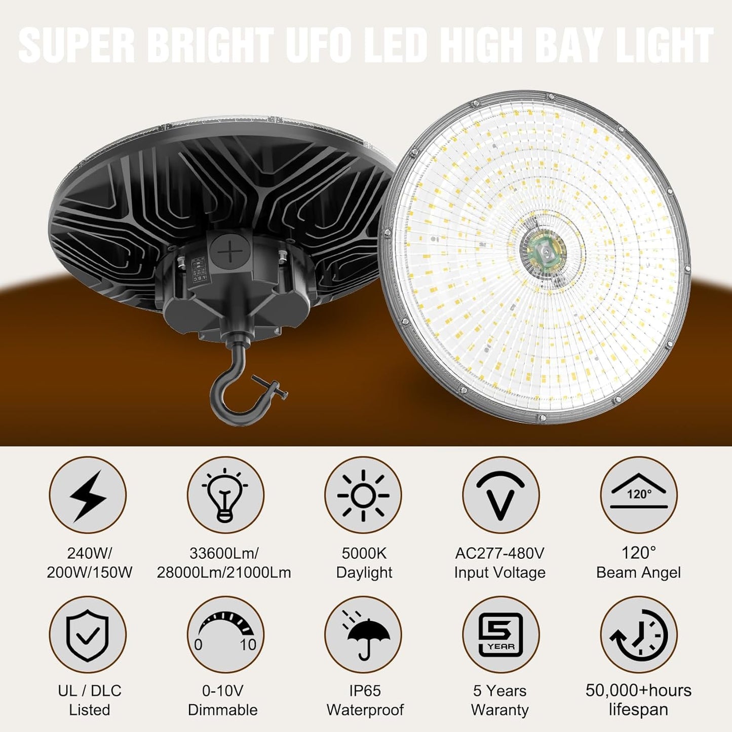 6 Pack 480V LED High Bay Light UL DLC Listed UFO Light 240W 200W 150W Adjustable, Dimmable High Bay LED Shop Lights 5000K Daylight, IP65 Commercial Bay Lighting for Warehouse Factory