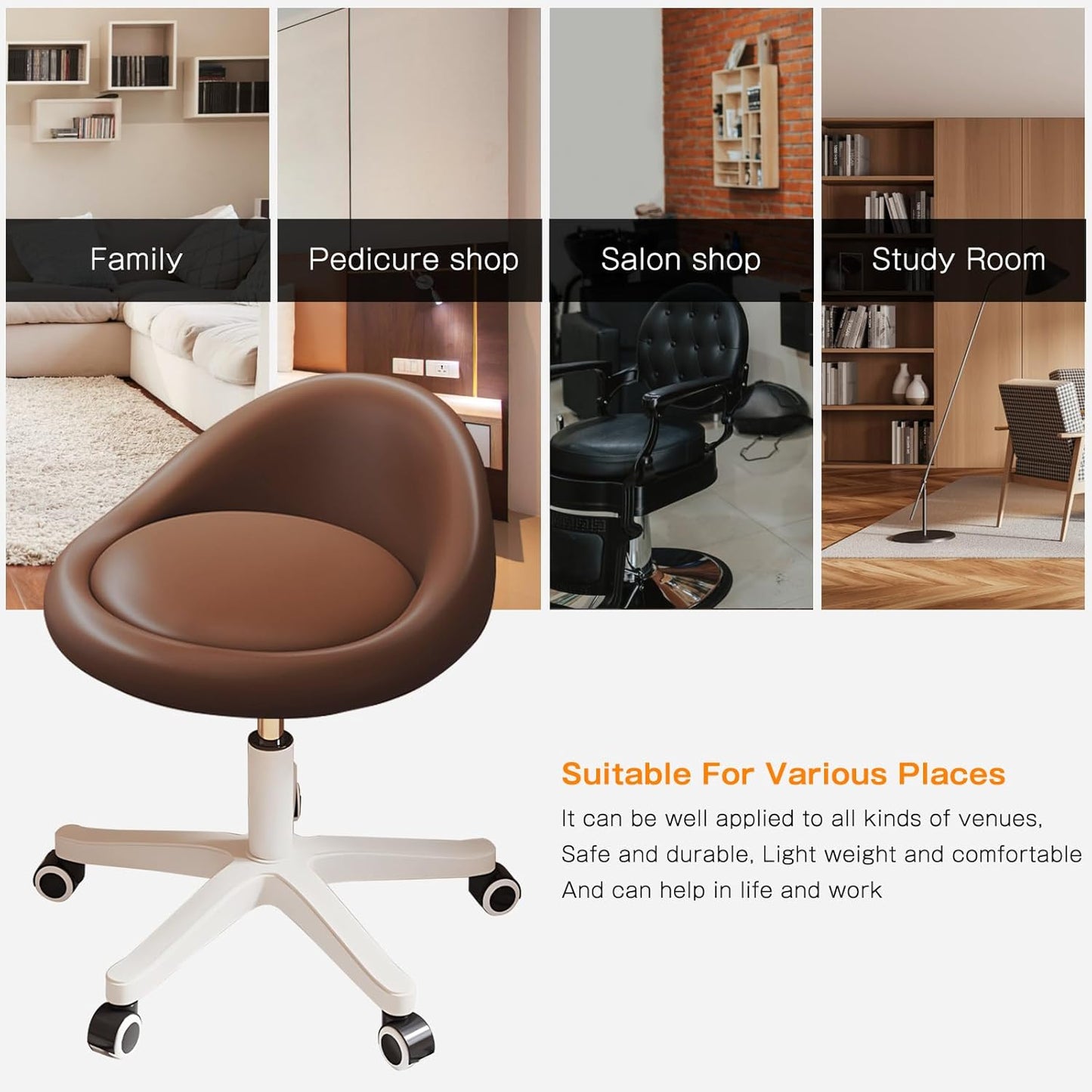 Rolling Stool Set of 4 Rolling Hydraulic Salon Stool with Low Backrest - Adjustable Swivel Chair for SPA, Shop, Salon, Massage, or Medical Office Brown