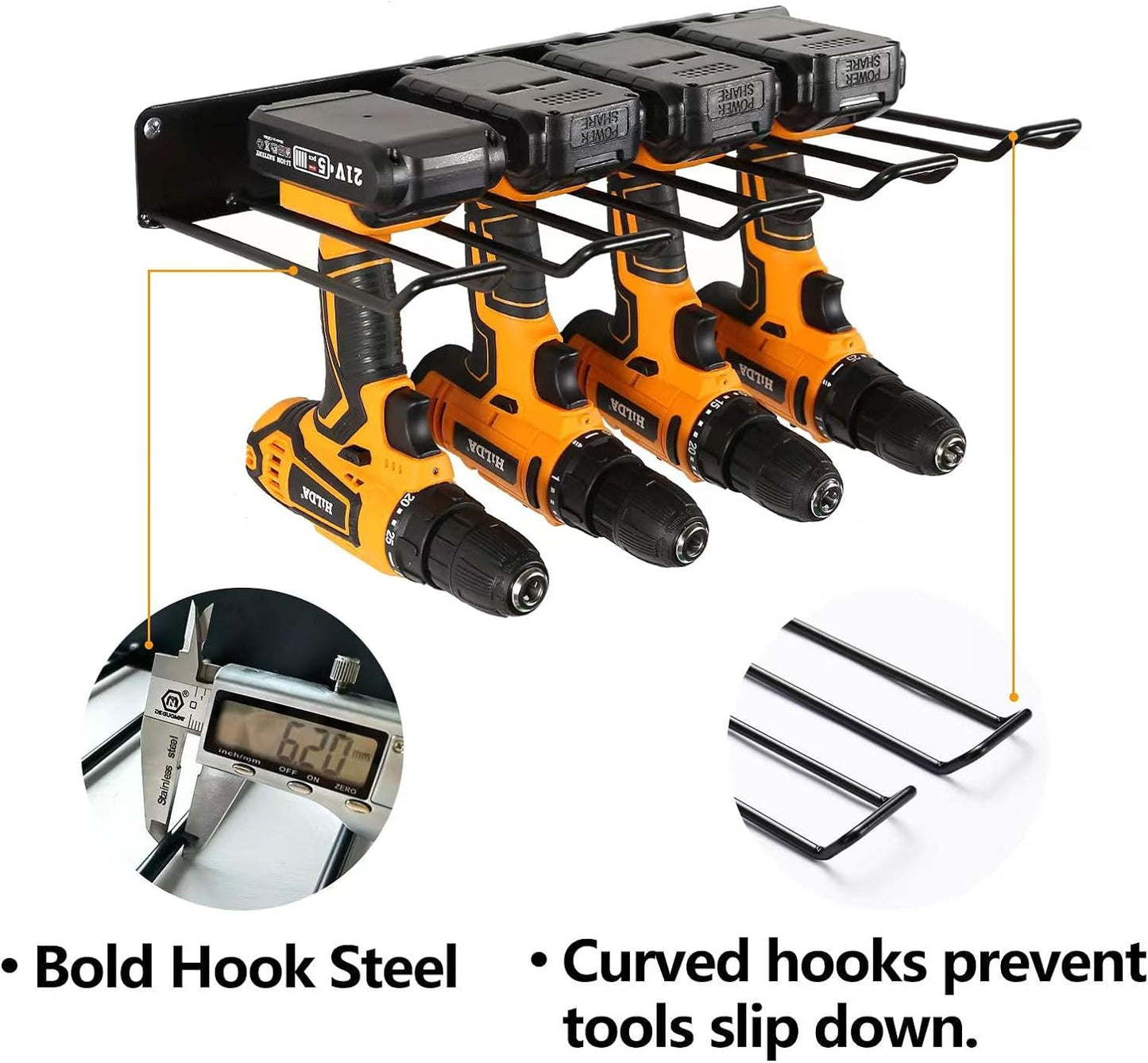 Power Tool Organizer with Charging Station, Drill Holder, Wall Mount, Garage Storage Shelves, Heavy Duty Pegboard Wall Organizer Set, Solid Metal, Black, 2 Pack, 4 Set