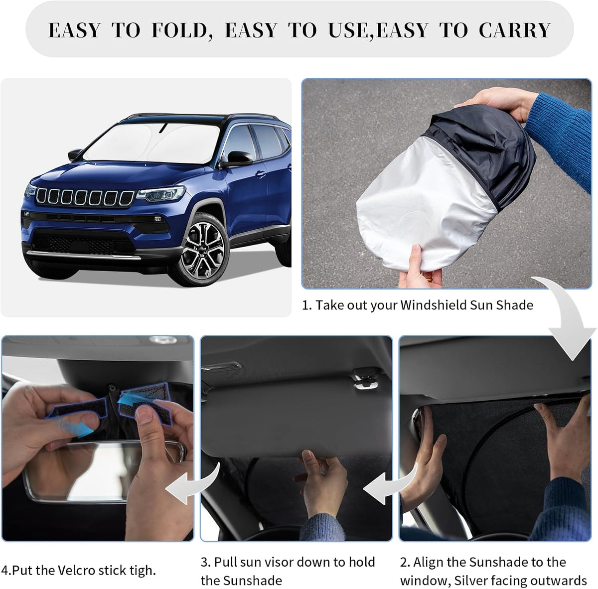 Sun Shade Sunshade for Jeep Compass Windshield Cover, 4-Layer Front Window Shade Custom fit Compass 2017-2024 2025 Sun Visor 240T Retractable Shield Shade Blocks UV Rays Cooler Car Accessories