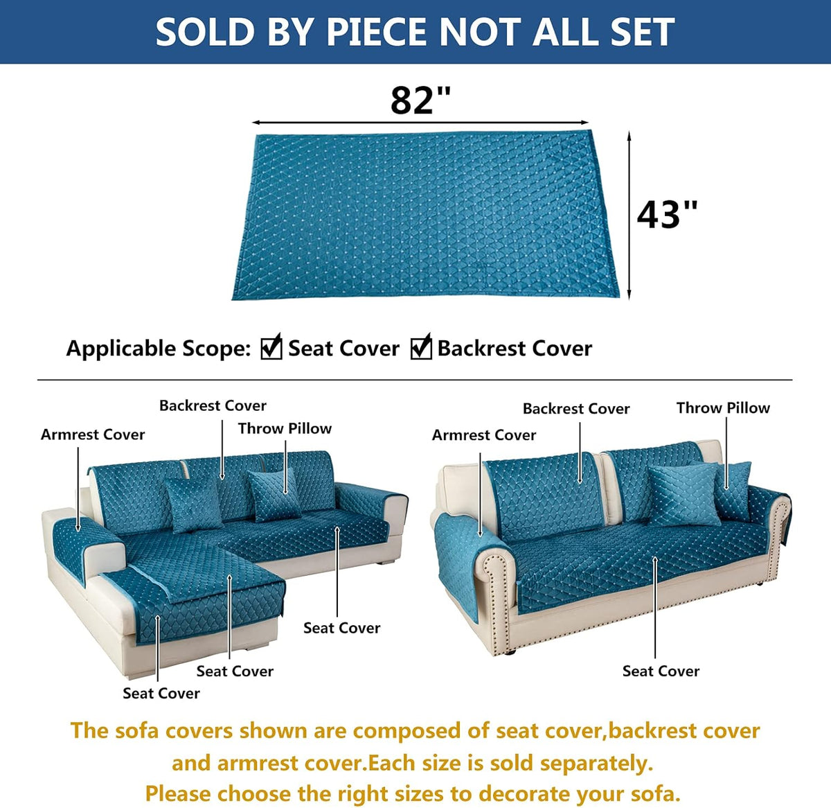 Eismodra Couch Cover,Sectional Couch Covers,Sofa Covers for 3 Cushion Couch,Anti-Slip Sofa Slipcovers for Dogs Cats Kids Loveseat Recliner L Shaped Armrest Backrest,Blue 43''x82''(Only 1 Piece)
