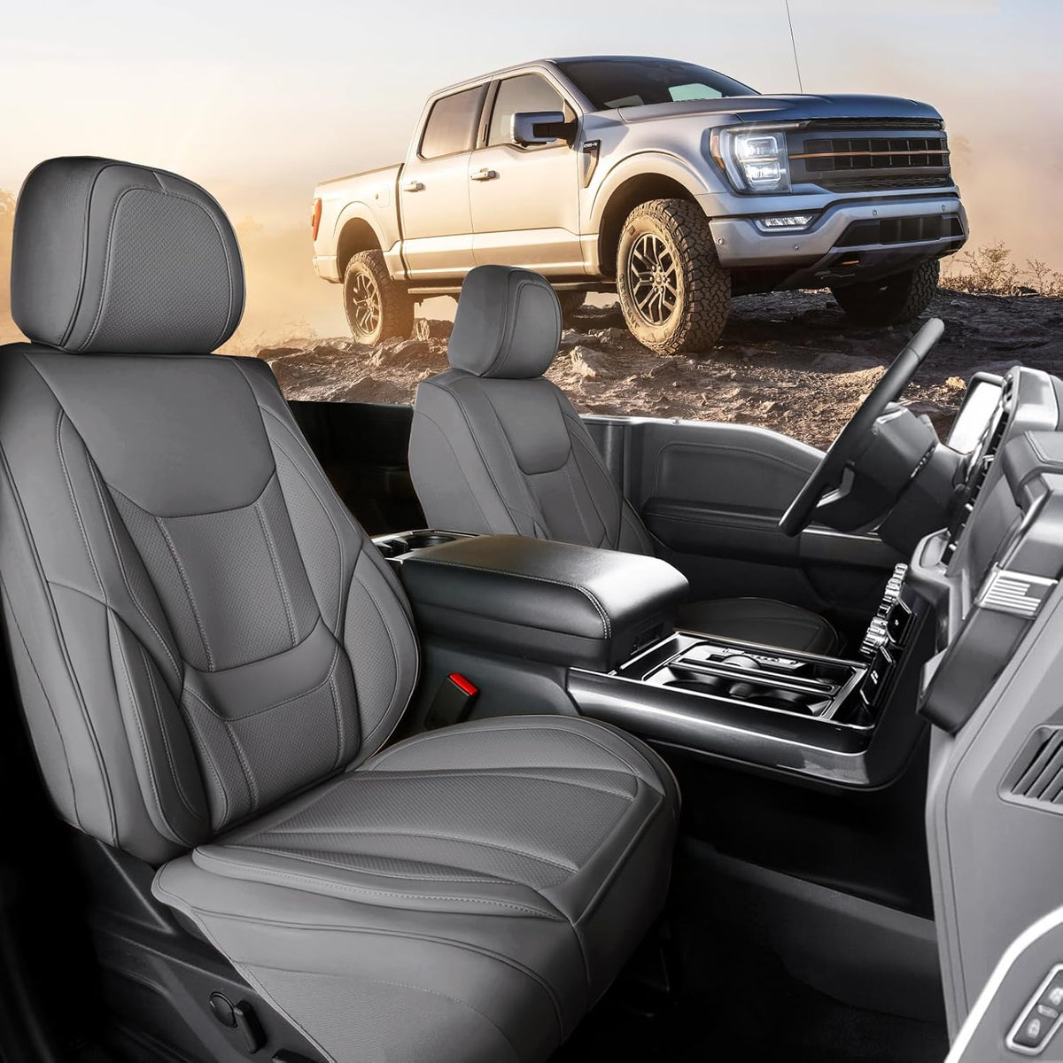 Coverland Custom Car Seat Covers Compatible with F150, Frontier, Sierra, Silverado 2500HD - Premium Leather Non-Slip Waterproof Interior Protector Front Seat-Dark Gray [See Size Chart-Size A12]