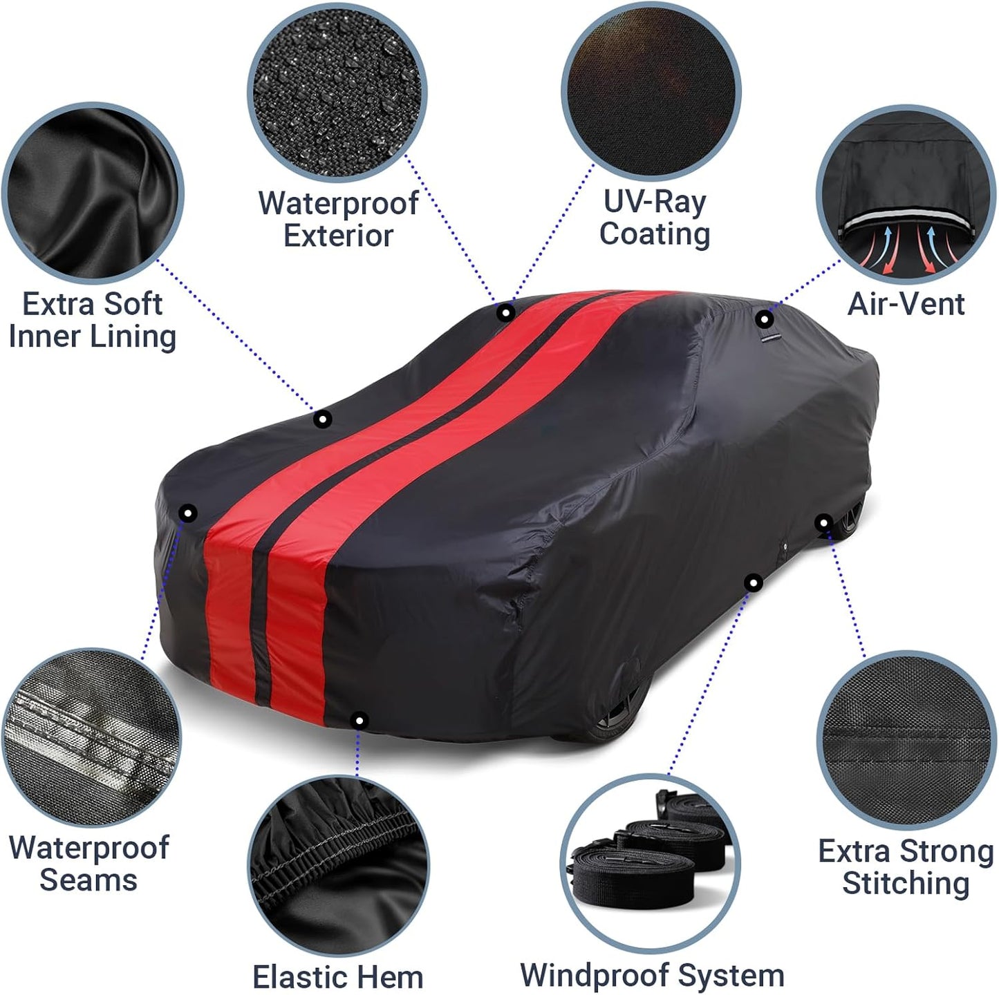 iCarCover Custom Car Cover for Pontiac Sedan Delivery (1949-1958) Waterproof All-Weather Rain Snow UV Sun Protector Full Exterior Indoor Outdoor Car Cover (Stripe - Black/Red)