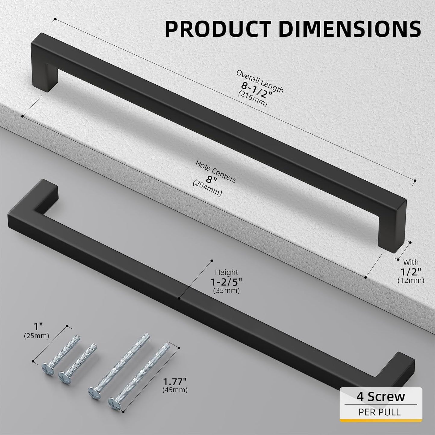 goldenwarm 60Pack 8INCH Matte Black Cabinet Pulls Kitchen Hardware, 204mm Square Bar Pulls for Cabinets Hardware, Black Drawer Pulls 8-1/2in Overall Length