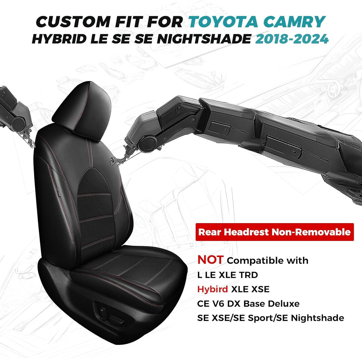 for Toyota Camry Seat Covers Hybrid LE SE 2018 2019 2020 2021 2022 2023 2024 - Custom Car Seat Covers Full Set, Leather Seat Cover for Cars, Waterproof Breathable Cushion Protectors Black Red