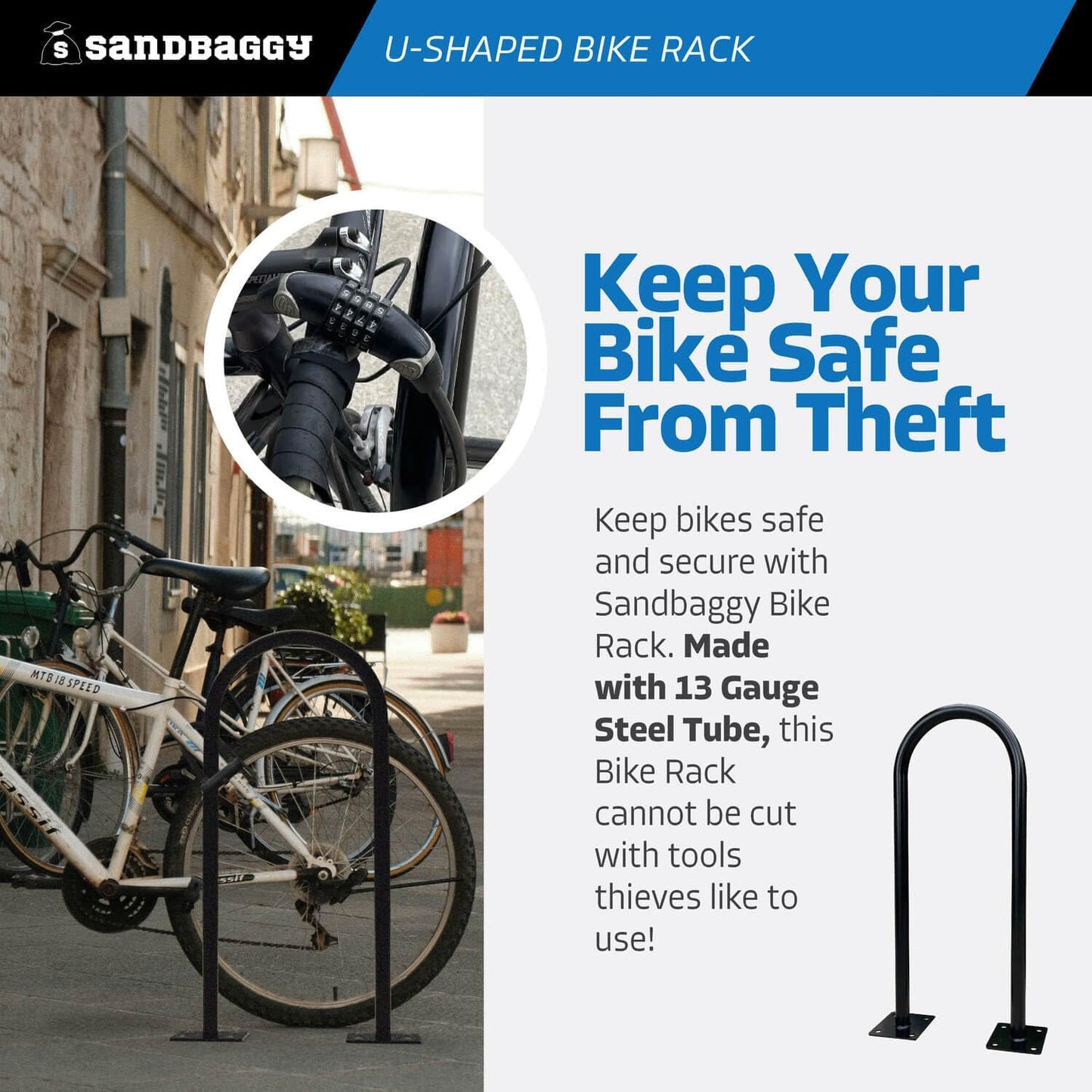 Sandbaggy U Shaped Bike Rack - Outdoor, Commercial - Galvanized Steel - Surface/Ground Mounted (5, Blue)