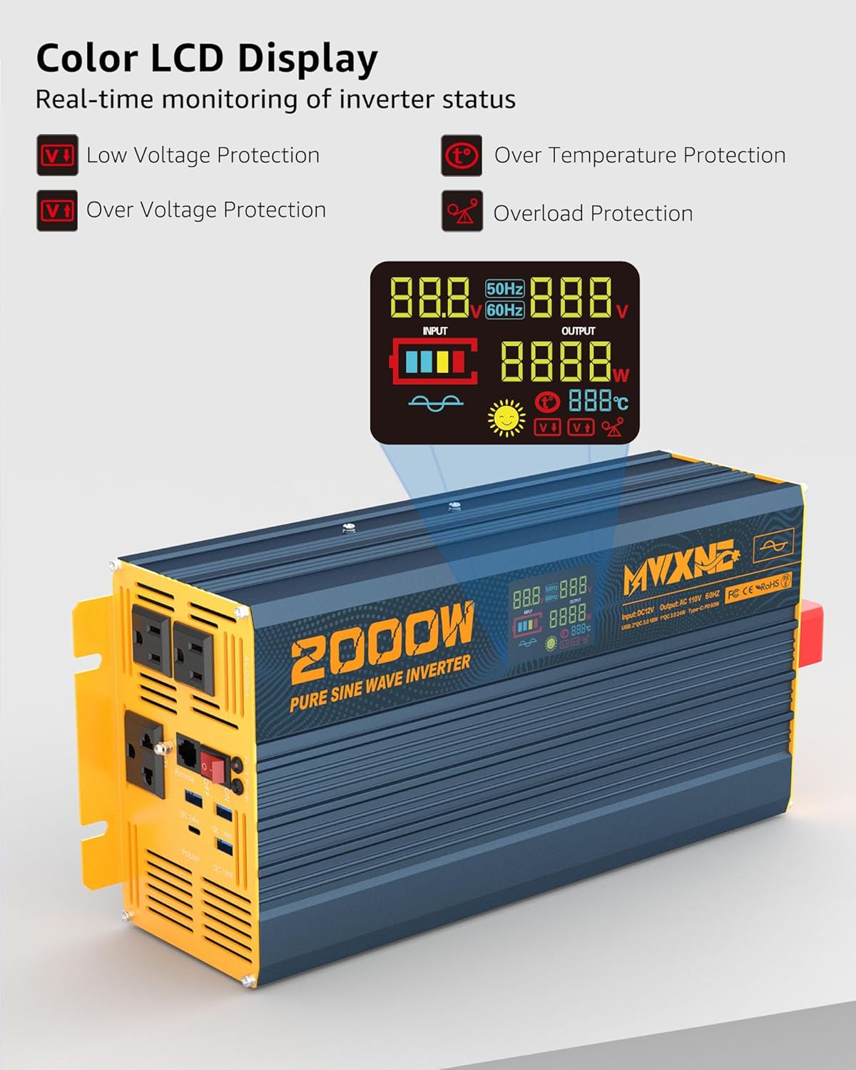 2000W Pure Sine Wave Power Inverter DC 12V to 110V 120V AC with 4 Quick Charging USB Ports& 3 AC Outlets Power Inverters for Vehicles RV Truck Home with LCD Display and Remote Controller