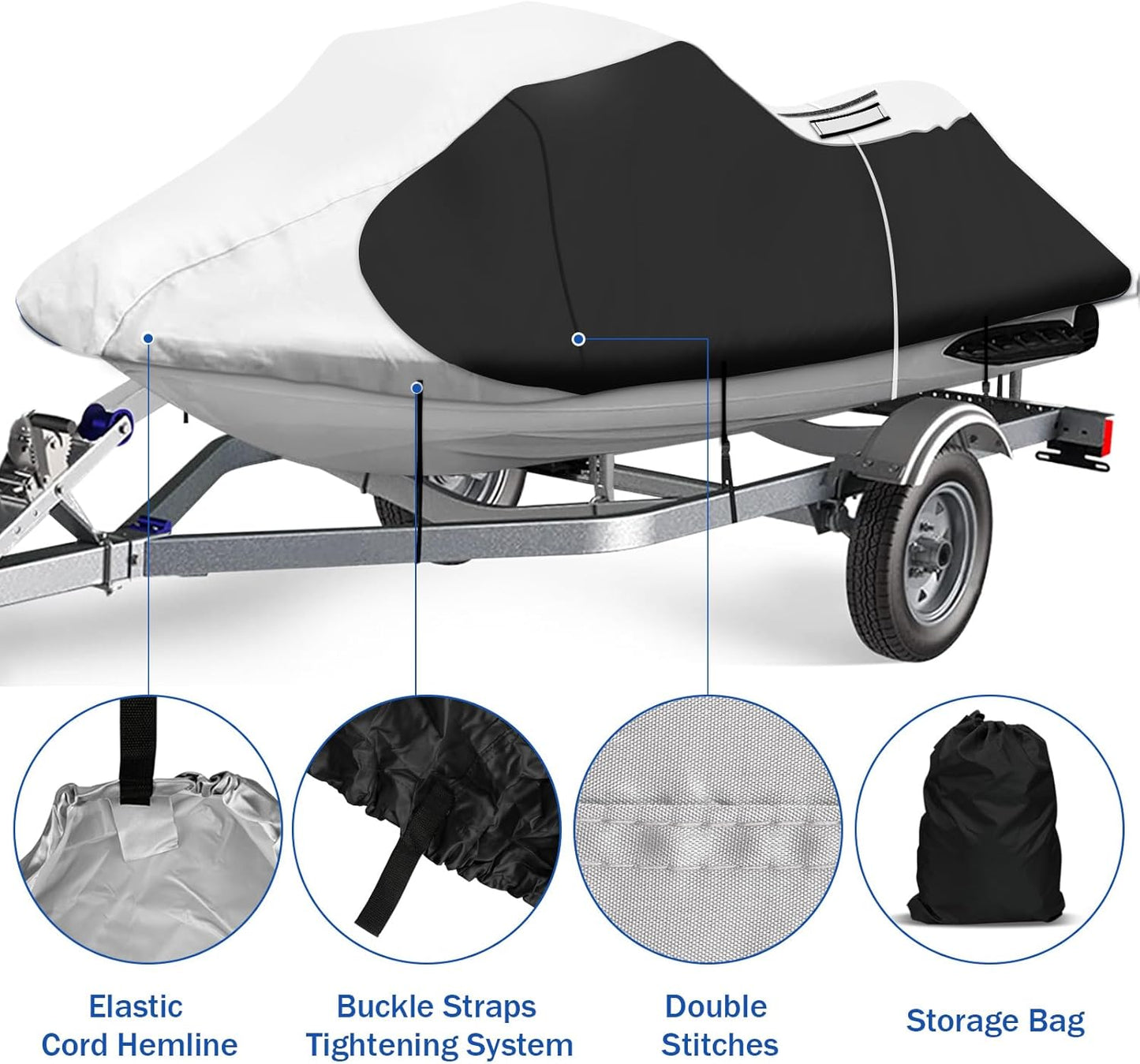 iCOVER Personal Watercraft Cover- Water Proof Heavy Duty Trailerable Jet Ski Covers for Seadoo Kawasaki Yamaha Wave Runner, Fits PWC Models Up to 125in Long