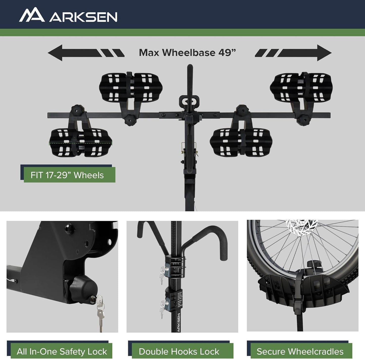 Arksen Electric Bike Rack Hitch, Foldable Quick Release Smart Tilting 2 Ebike Rack Platform Style Carrier w/Car Lock for Up to 5.5" Fat Tires for Car, SUV, Trucks - 170 lbs Heavy Weight Capacity