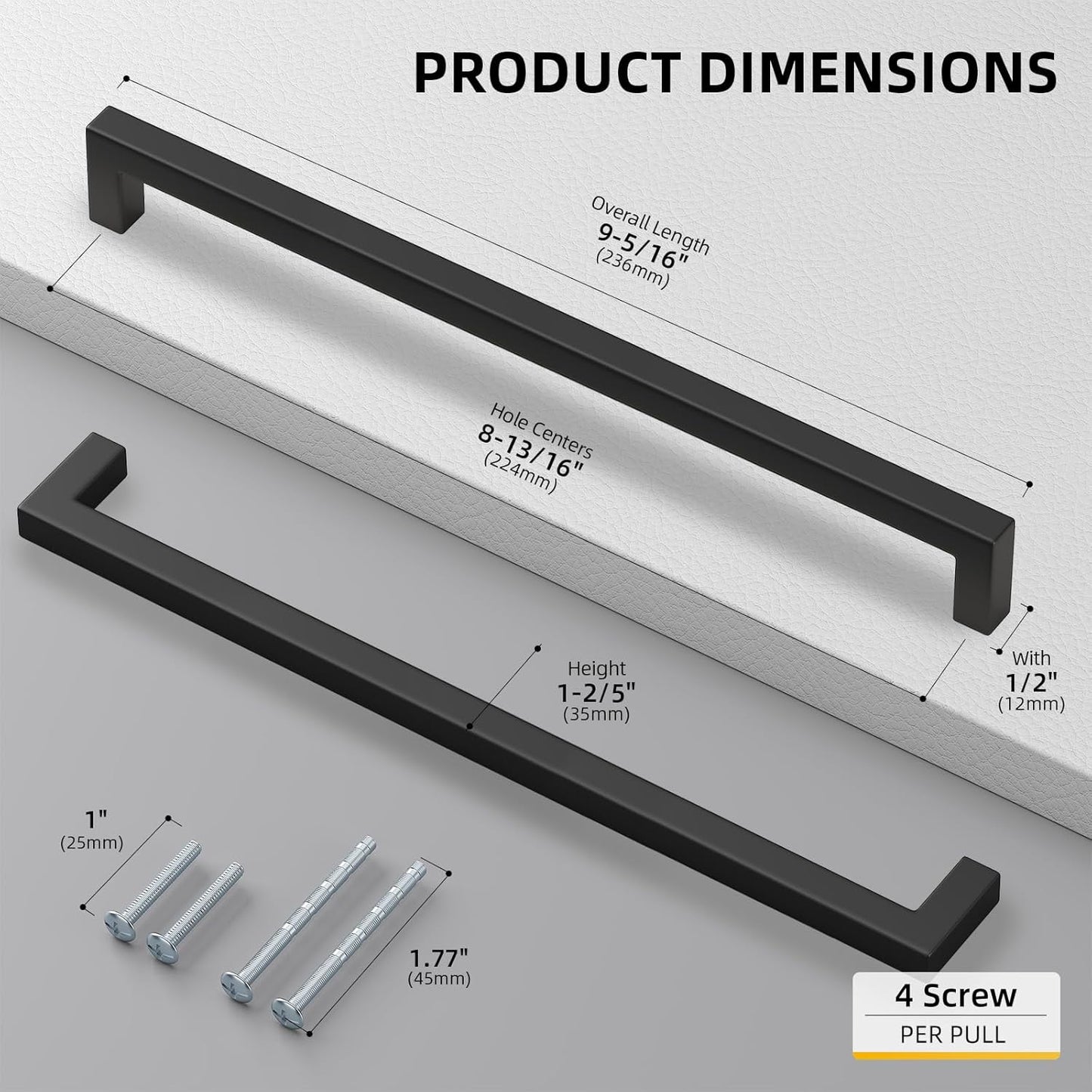 Goldenwarm 2 Pack Black Square Bar Cabinet Pull Drawer Handle Stainless Steel Modern Hardware for Kitchen and Bathroom Cabinets Cupboard,Center to Center 8-4/5in(224mm)