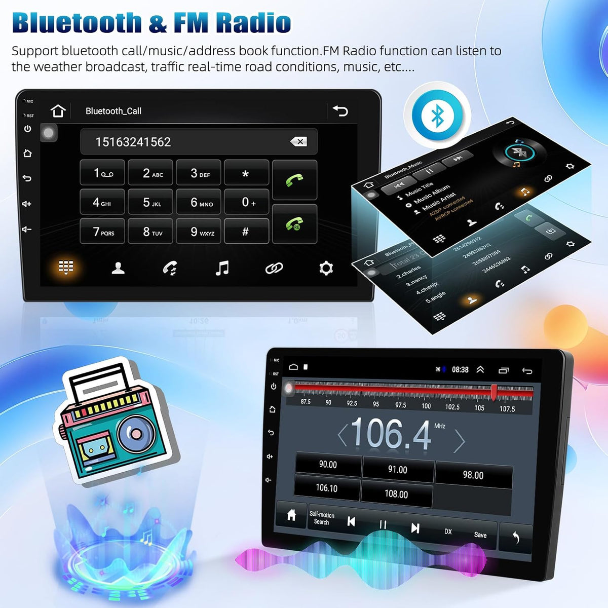 Double Din Car Stereo Radio Receiver, 10.1” 2.5D Curved HD Touch Screen Head Unit Multimedia Player, Support Rear View Camera&Android iOS Mirror Link Dual USB Input+License Plate Camera