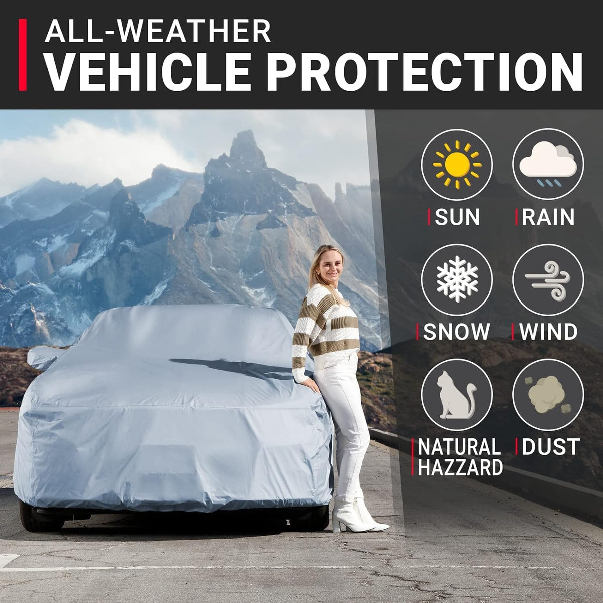 iCarCover 18-Layer Car Cover Waterproof All Weather, Premium Quality Car Covers for Automobiles, UV Protection, Ford Mustang, Camaro, XK, 4-Series, M4, Supra, Thunderbird, Fits 184-188 Inches