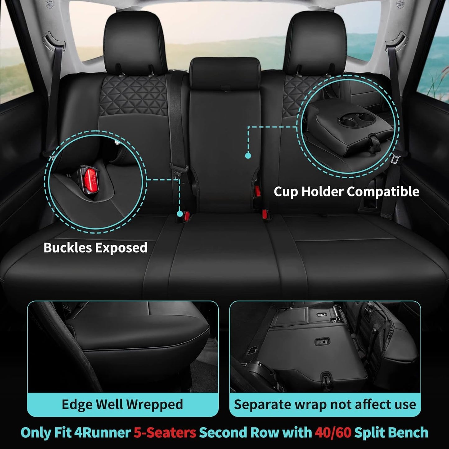 Seat Covers for Toyota 4Runner 2011-2024, Faux Leather Car Seat Cover Full Set, 3-Row-Only for 7 Seats Version-Black